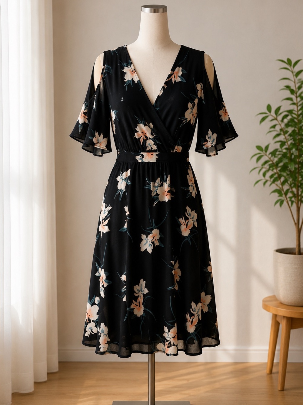 Floral Black Wrap Midi Dress - Classic Women's Dress